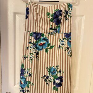 Le Vertige Striped Floral with Lace Strapless Knee Length Dress, Size S